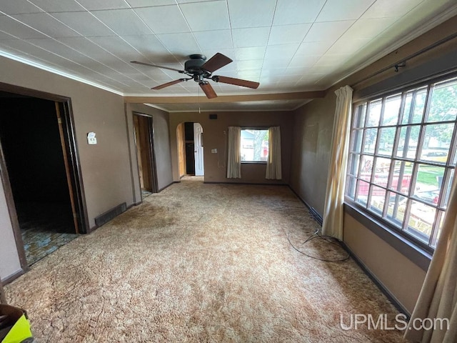 carpeted empty room featuring ceiling fan, crown molding, and plenty of natural light