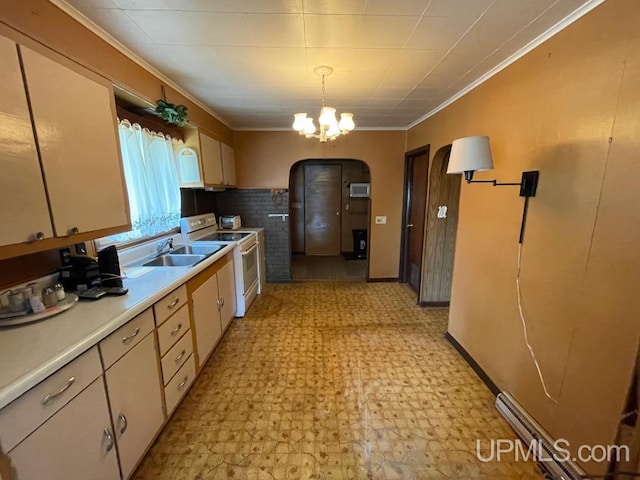 kitchen with sink, crown molding, a notable chandelier, pendant lighting, and white range with electric stovetop