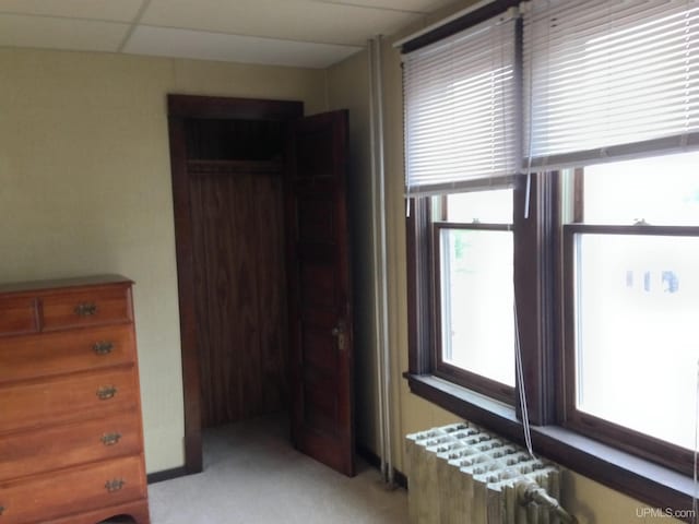 hall featuring radiator, a drop ceiling, and light colored carpet