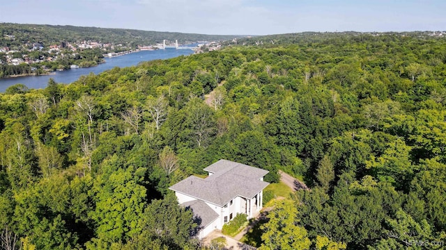 birds eye view of property featuring a view of trees and a water view