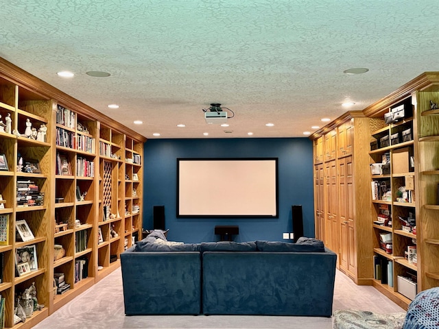 home theater room with recessed lighting, light carpet, and a textured ceiling