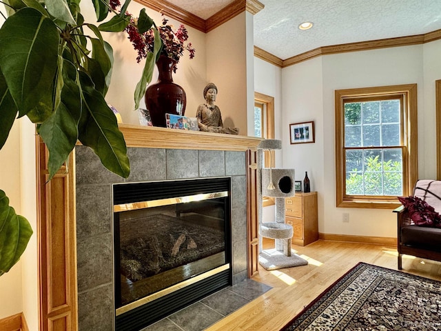 interior space with wood finished floors, baseboards, ornamental molding, a textured ceiling, and a tiled fireplace