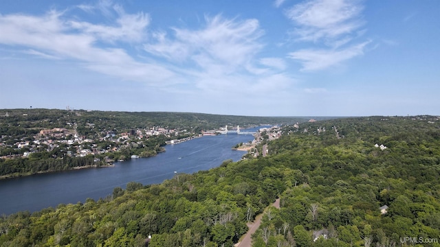 drone / aerial view featuring a water view and a wooded view