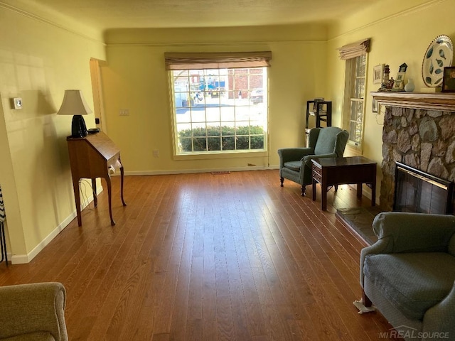 living area featuring hardwood / wood-style flooring and a fireplace