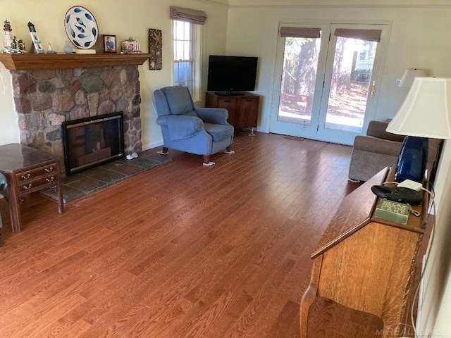 living room with wood-type flooring and a fireplace