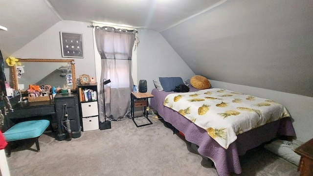 carpeted bedroom featuring vaulted ceiling