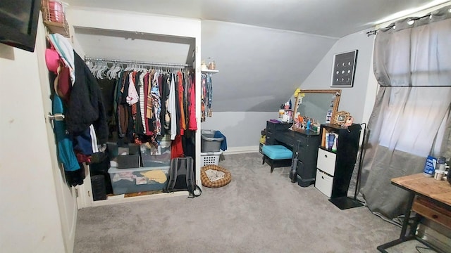 spacious closet with vaulted ceiling and carpet