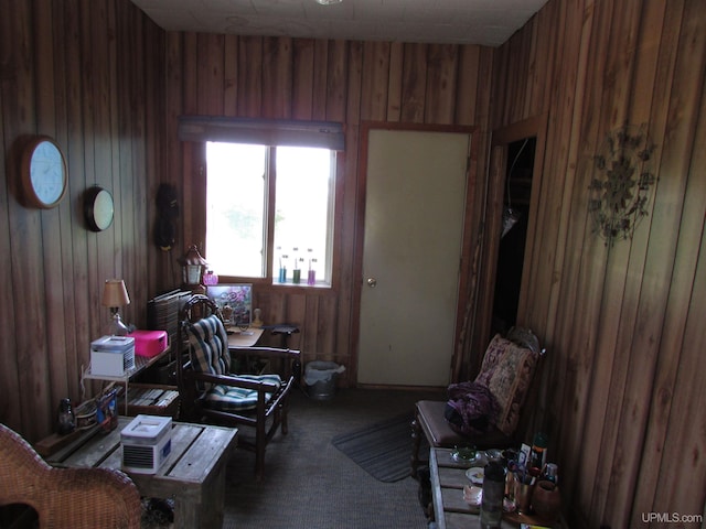 sitting room with wood walls and carpet flooring