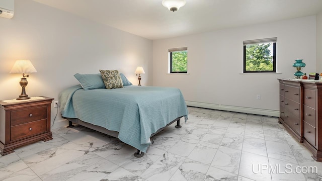 bedroom with light tile patterned flooring, multiple windows, and baseboard heating