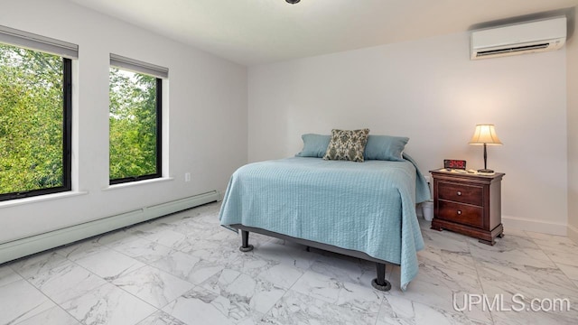 bedroom featuring light tile patterned flooring, a wall unit AC, multiple windows, and a baseboard heating unit