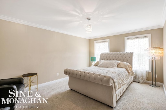 bedroom featuring carpet floors and ornamental molding