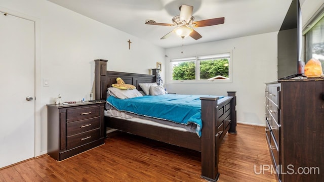 bedroom with dark hardwood / wood-style flooring and ceiling fan