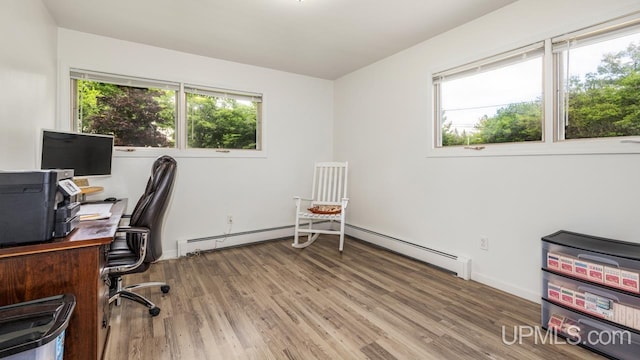 office space with hardwood / wood-style flooring and baseboard heating