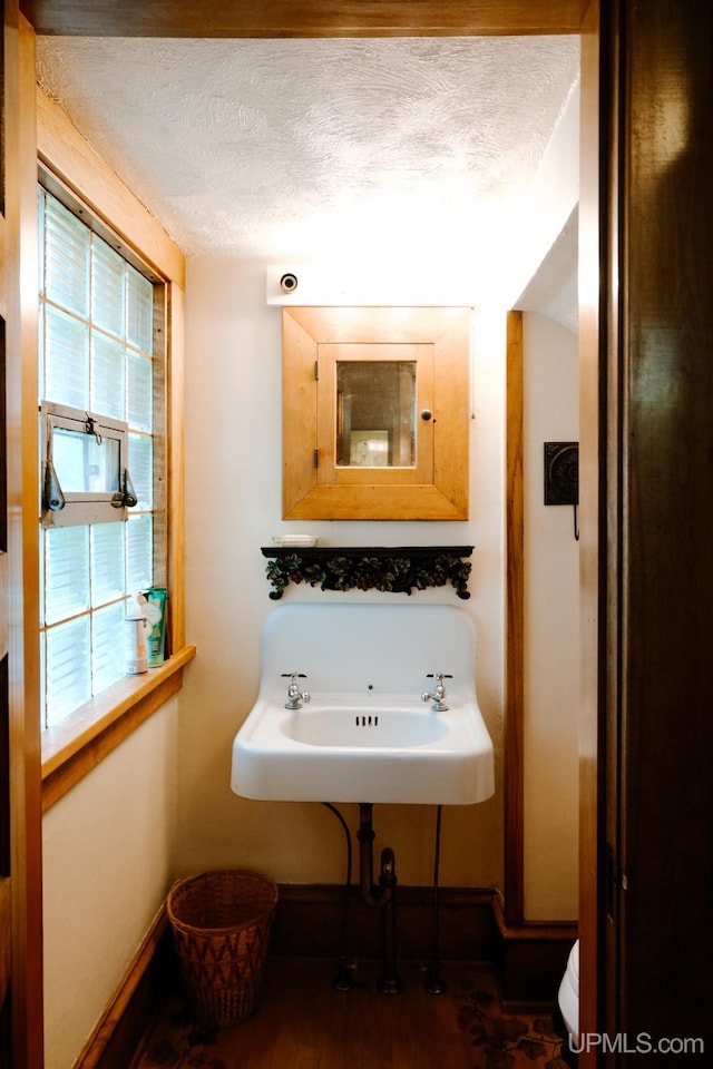 bathroom featuring a wealth of natural light and a textured ceiling