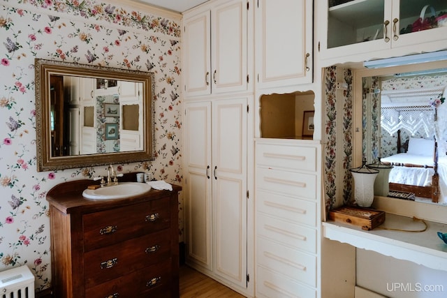 bathroom featuring vanity, crown molding, and wood-type flooring