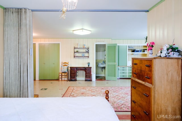 bedroom with wooden walls