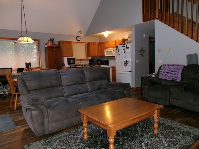 living room with hardwood / wood-style flooring and high vaulted ceiling