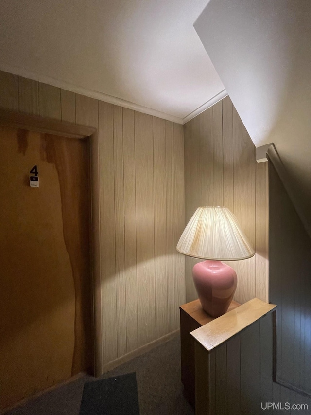 interior space featuring dark colored carpet and wood walls