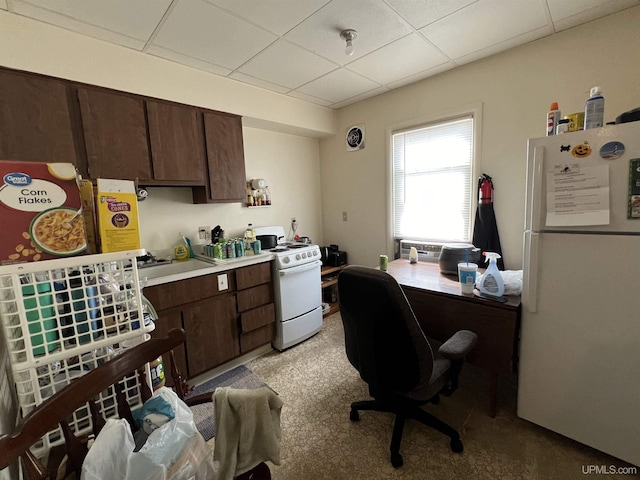 carpeted office featuring sink and a paneled ceiling