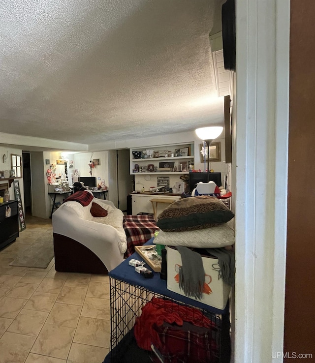 living room featuring a textured ceiling