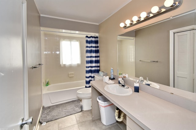 full bathroom featuring tile patterned floors, crown molding, sink, shower / bathtub combination with curtain, and toilet