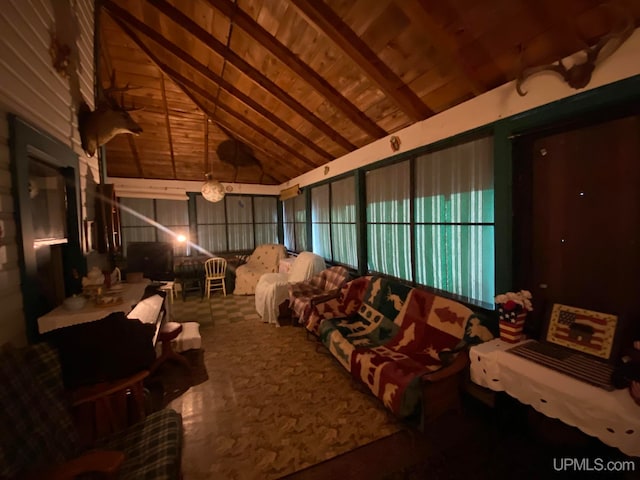 interior space featuring high vaulted ceiling, wooden ceiling, and beam ceiling