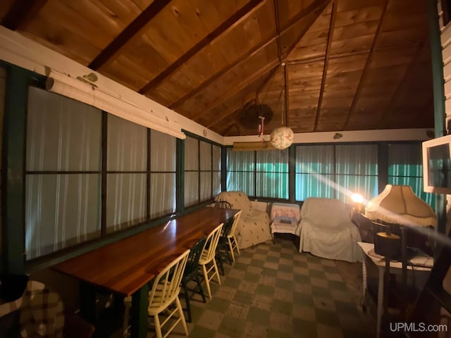 dining room with wooden ceiling and vaulted ceiling