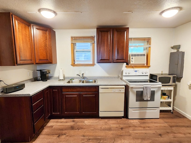 kitchen featuring light wood-type flooring, a textured ceiling, a sink, and white appliances