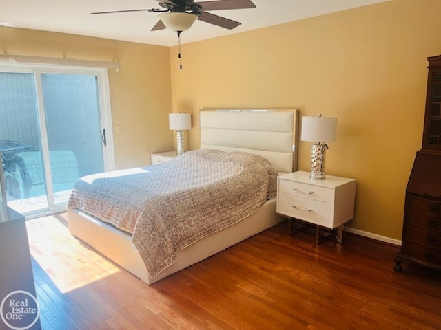 bedroom featuring access to outside, wood finished floors, baseboards, and ceiling fan