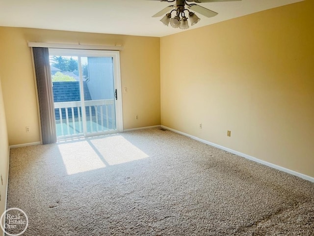 empty room featuring carpet flooring, baseboards, and ceiling fan