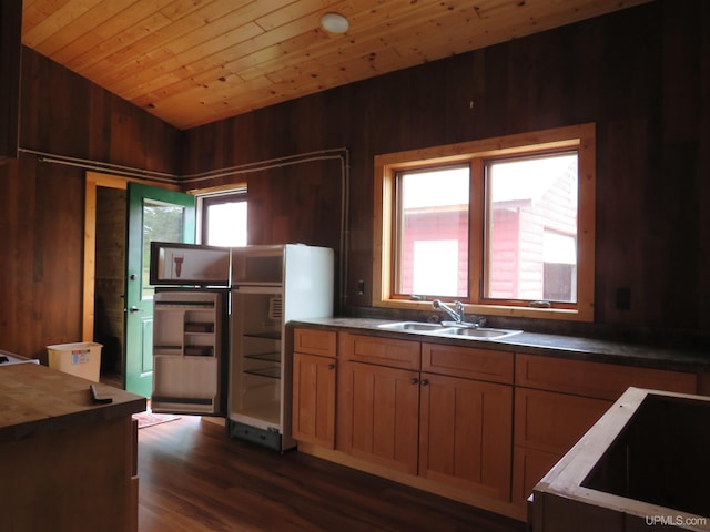 kitchen with wood walls, dark hardwood / wood-style flooring, plenty of natural light, and wood ceiling