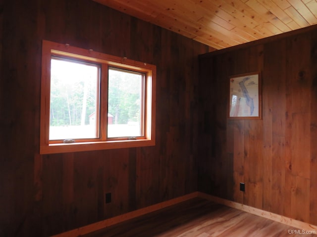 spare room with wooden ceiling, wood-type flooring, and wood walls