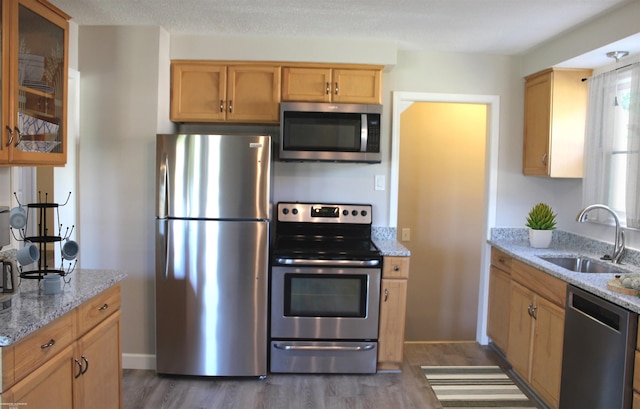 kitchen with sink, light stone countertops, hardwood / wood-style flooring, and stainless steel appliances