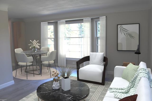 living room with crown molding and hardwood / wood-style floors