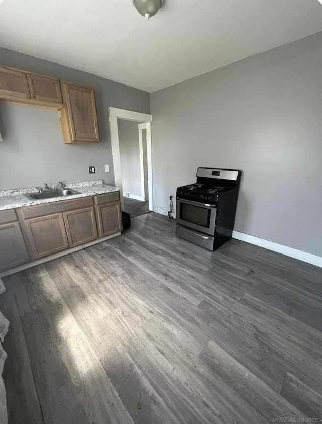 kitchen with sink, wood-type flooring, and stainless steel gas stove