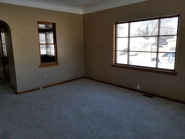 carpeted spare room with visible vents, a wealth of natural light, and arched walkways