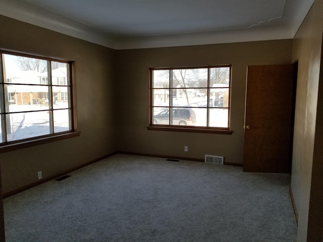 carpeted empty room featuring visible vents and plenty of natural light