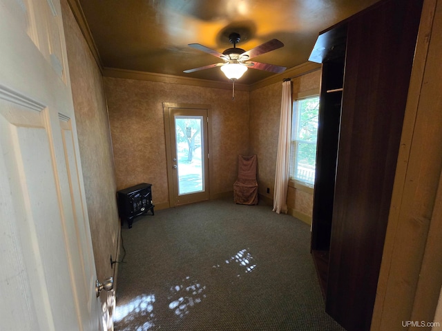 unfurnished bedroom featuring ceiling fan, crown molding, and carpet