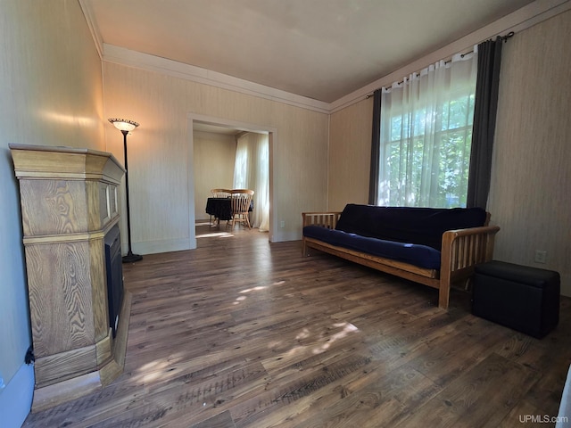 living area with hardwood / wood-style flooring and ornamental molding