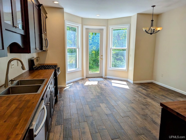 kitchen featuring dark wood-type flooring, stainless steel appliances, sink, and wood counters