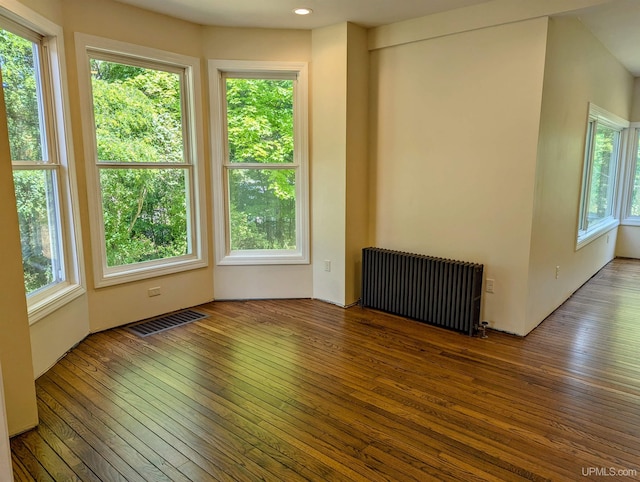 spare room with radiator heating unit, a wealth of natural light, and dark hardwood / wood-style flooring