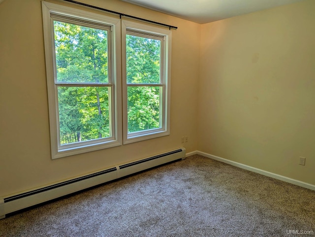 unfurnished room with carpet and baseboard heating