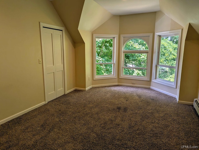 additional living space with a wealth of natural light, lofted ceiling, and carpet flooring