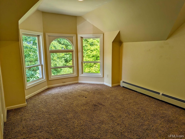 bonus room with baseboard heating, lofted ceiling, a healthy amount of sunlight, and carpet floors