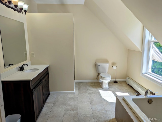 bathroom featuring lofted ceiling, toilet, an inviting chandelier, baseboard heating, and vanity