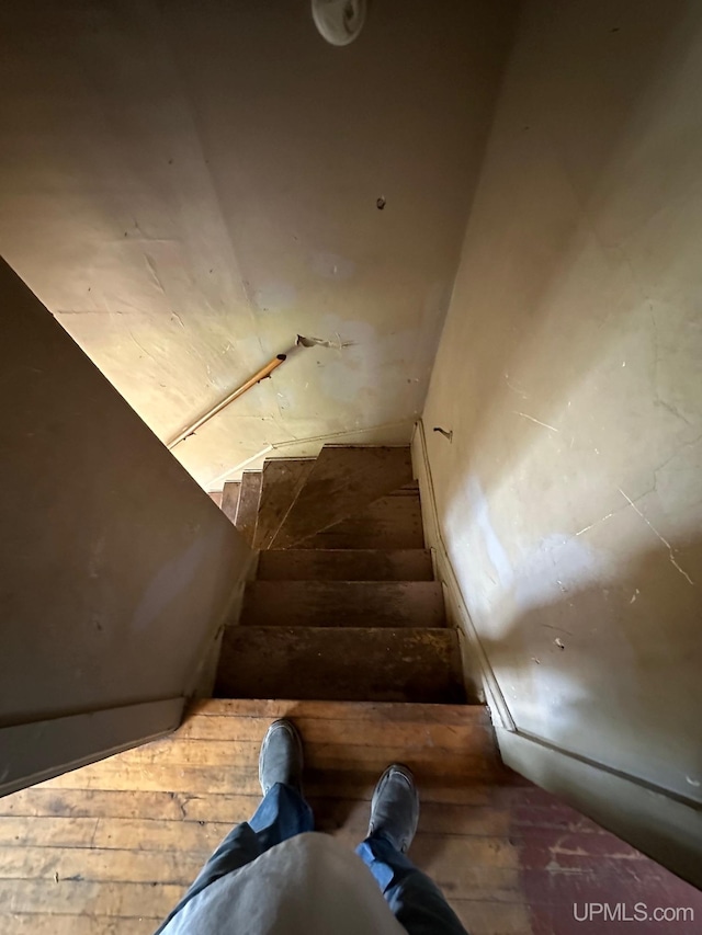 stairway featuring hardwood / wood-style flooring