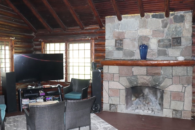 office space with lofted ceiling with beams, hardwood / wood-style floors, wooden ceiling, a fireplace, and rustic walls