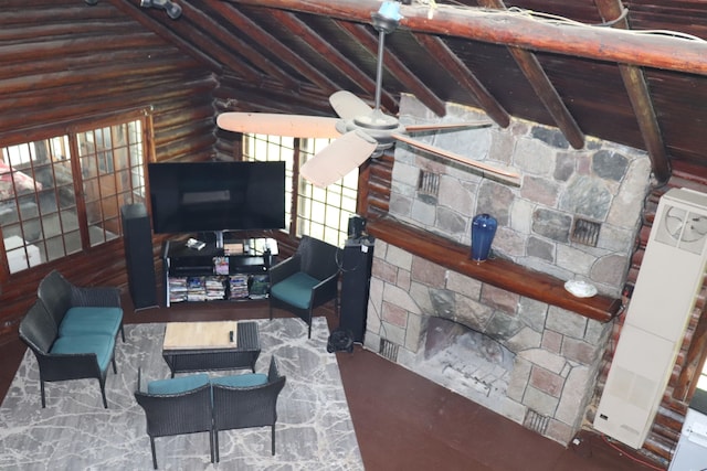 interior space with vaulted ceiling with beams and log walls