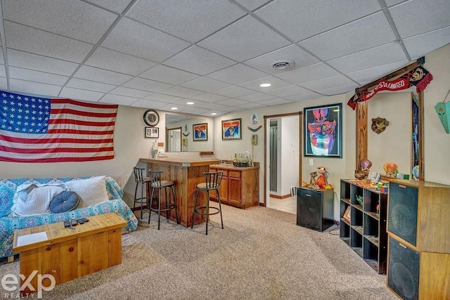 bar featuring light colored carpet and a paneled ceiling