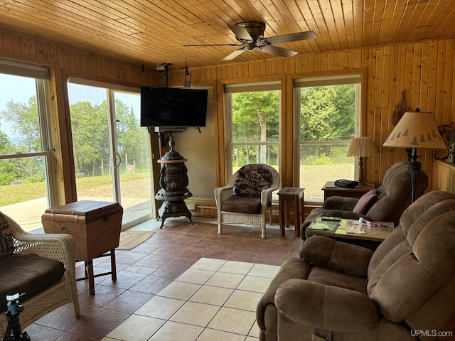 14998 N Superior Rd, Houghton, MI 49931 - living room with wooden walls, wood ceiling, healthy amount of natural light, a ceiling fan, and light tile patterned floors